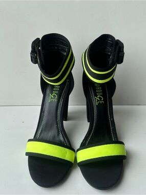 Rouge Helium Neon Yellow Lycra Strappy Heels Buckle Ankle Strap Size 6.5 Sandal